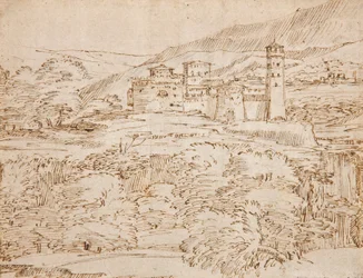 Landschaft mit einer Burg über einem Baumgürtel